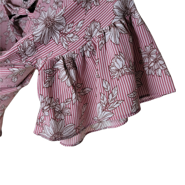 B Collection By Bobeau NWT Pink Floral Striped Criss Cross Bell Sleeves Size S