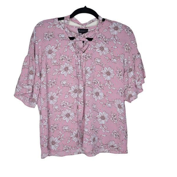 B Collection By Bobeau NWT Pink Floral Striped Criss Cross Bell Sleeves Size S