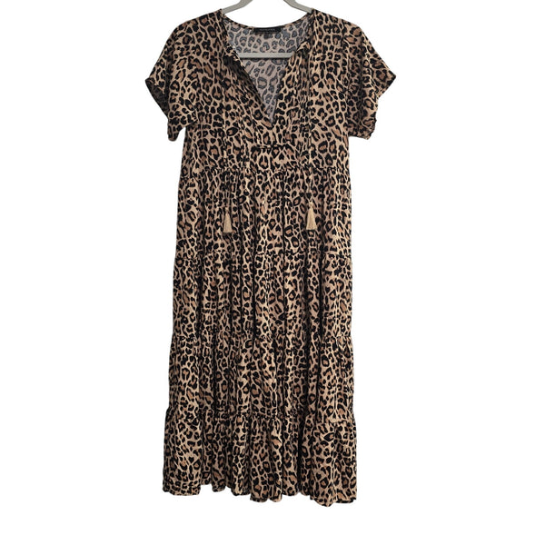 Olivaceous Leopard Print Knee Length Dress Notch Neck Size Small