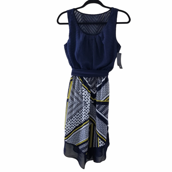 NWT AB Studio Navy Blue Yellow White Belt Sleeveless Knee Length Dress Small