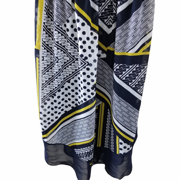 NWT AB Studio Navy Blue Yellow White Belt Sleeveless Knee Length Dress Small