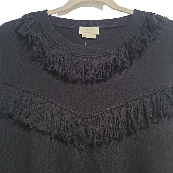 NWT Kate Spade Black NY Broome Fringe 3/4 Sleeve Pullover Sweater Size Medium