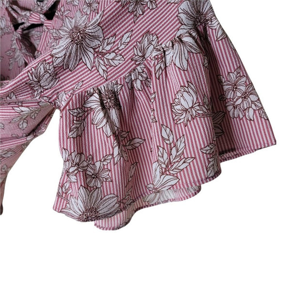 NWT B Collection By Bobeau Pink Floral Striped Criss Cross Bell Sleeves Size S