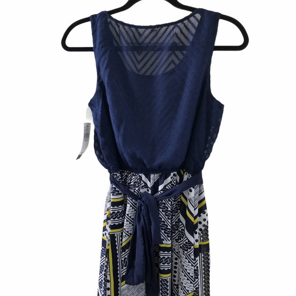 NWT AB Studio Navy Blue Yellow White Belt Sleeveless Knee Length Dress Small