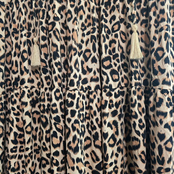 Olivaceous Leopard Print Knee Length Dress Notch Neck Size Small