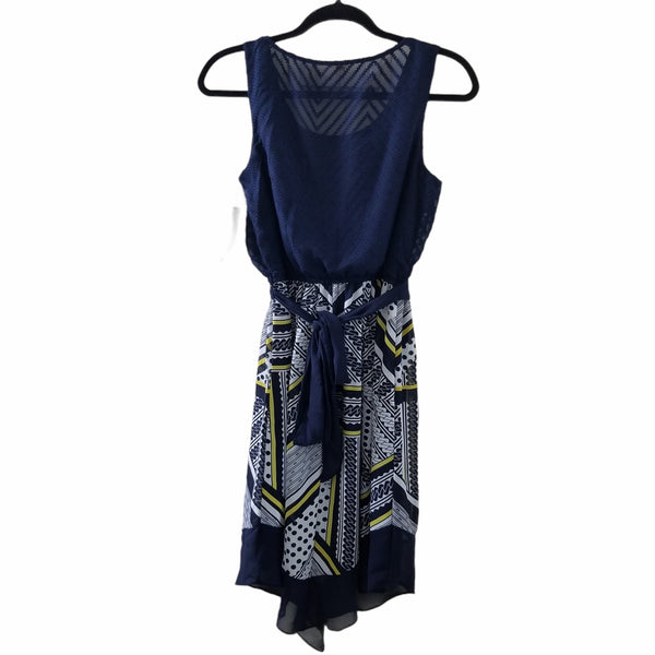 NWT AB Studio Navy Blue Yellow White Belt Sleeveless Knee Length Dress Small