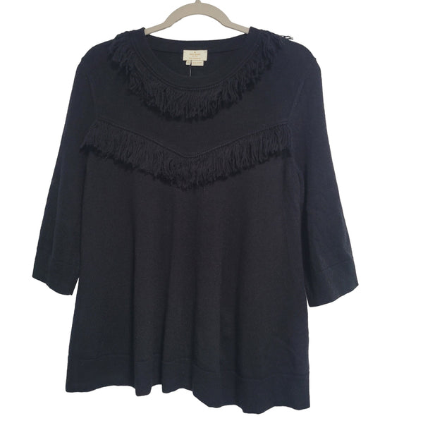 NWT Kate Spade Black NY Broome Fringe 3/4 Sleeve Pullover Sweater Size Medium