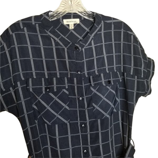 Monteau Los Angeles Blue Plaid Button Down Short Sleeve Dress Size Small