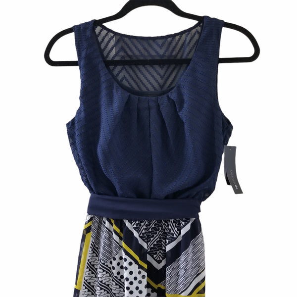 NWT AB Studio Navy Blue Yellow White Belt Sleeveless Knee Length Dress Small