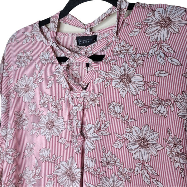 NWT B Collection By Bobeau Pink Floral Striped Criss Cross Bell Sleeves Size S