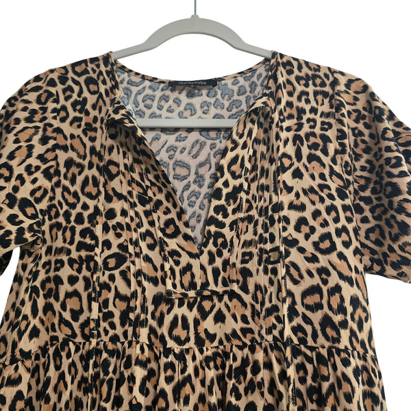 Olivaceous Leopard Print Knee Length Dress Notch Neck Size Small