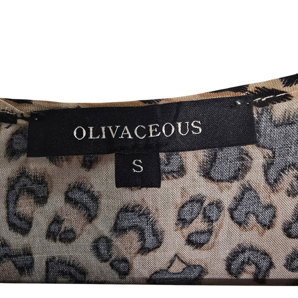 Olivaceous Leopard Print Knee Length Dress Notch Neck Size Small