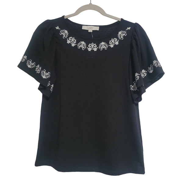 LOFT Black White Embroidered Floral Flutter Short Sleeve Round Neck Size XS