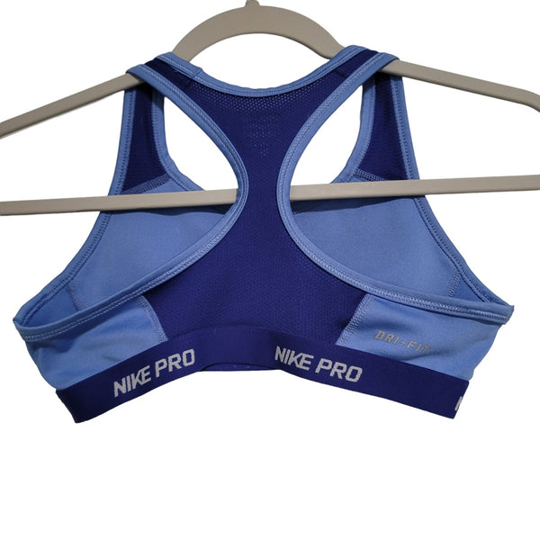 Nike Pro Blue Mesh Back White Swoosh Racerback Sports Bra Size Medium