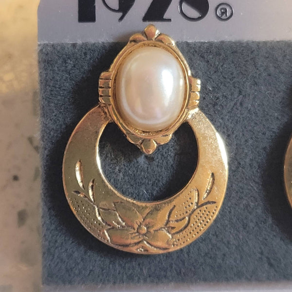 Vintage 1928 Gold Faux Pearl Embossed Floral Post Earrings