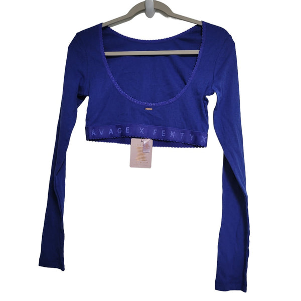 NWT Savage X Fenty Blue Long Sleeve Crop Top Plunged Back Size Medium