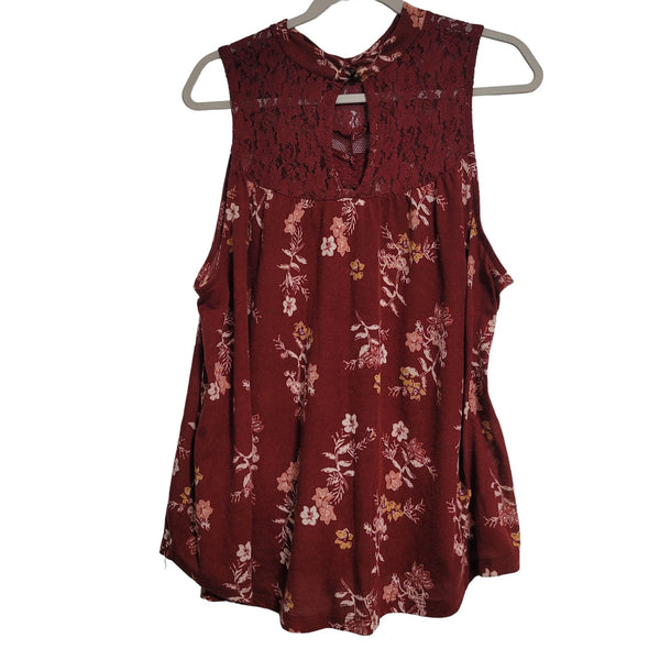 Massini Burgundy Red Floral Lace Sleeveless Blouse Keyhole Size 2X