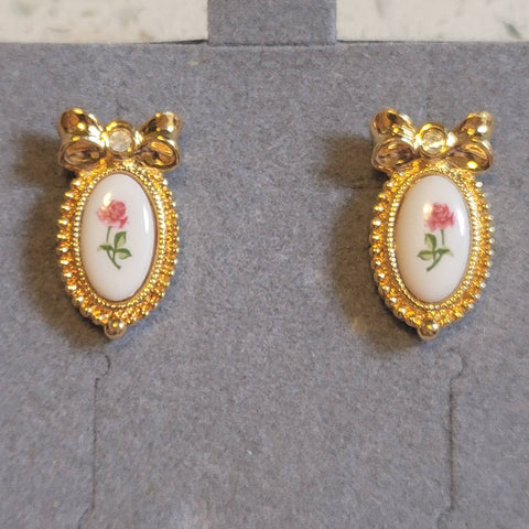 Vintage AVON Pink Rose Gold Trim Rhinestone Bow Pierced Earrings