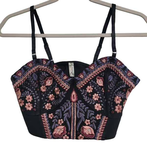 NWT Free People Intimately Black Floral Embroidery Emilia Soft Bra Size Small