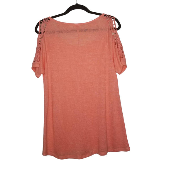 CATO Coral Salmon Short Sleeve Blouse Peek A Boo Lace Size Medium