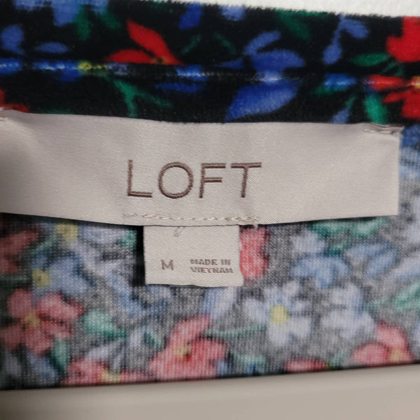 LOFT Velvet Multicolored Floral Boxy Short Sleeve V-Neck Top Size Medium