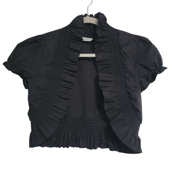 Derek Heart Youth Black Crop Open Cardigan Short Sleeve Ruffle Trim Size Medium