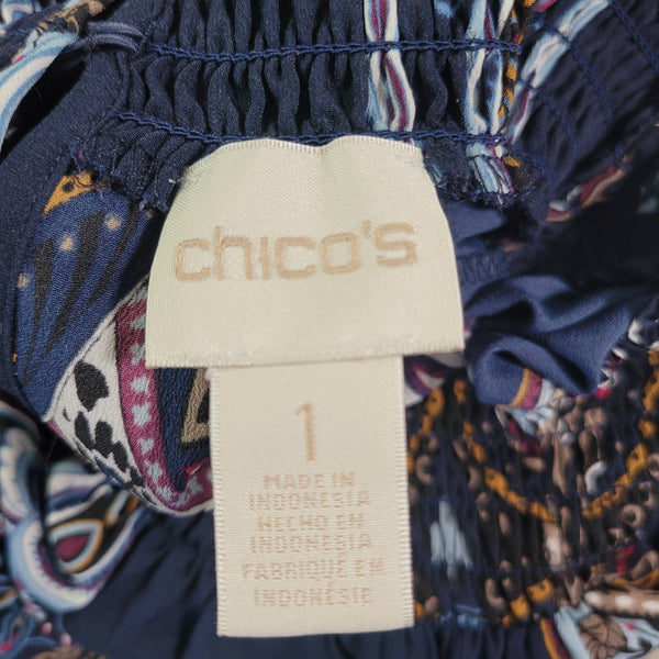 Chico's Navy Blue Paisley Nouveau Print Smocked Mock Neck Long Sleeve Top Size 1