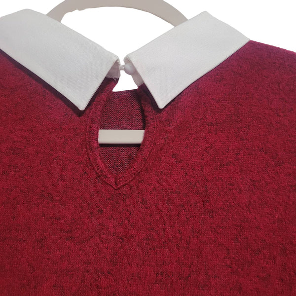MISIA Burgundy Collared Rhinestones Keyhole Back Short Sleeve Tie Blouse Large