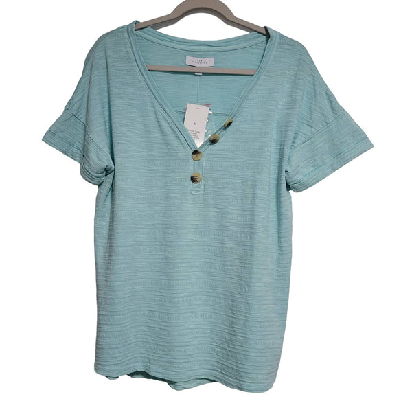 New Directions Teal V-Neck Faux Buttons Rolled Short Sleeve Size Medium