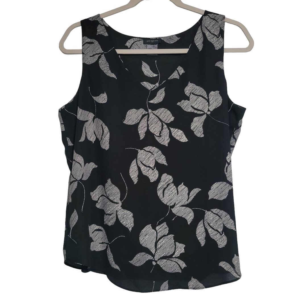 Ann Taylor Black Tan Floral Layered V-Neck Sleeveless Blouse Size Medium