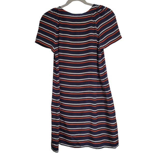 J. Crew Orange Blue White Stripe Short Sleeve Key Hole Front Silk Dress Size 4
