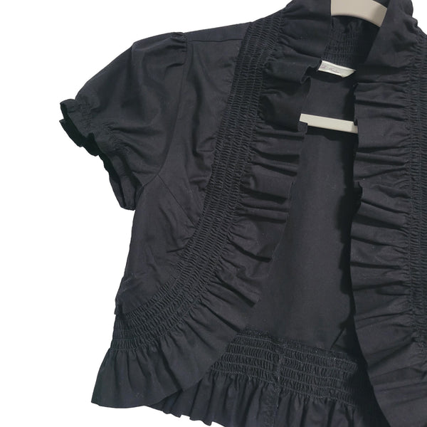 Derek Heart Youth Black Crop Open Cardigan Short Sleeve Ruffle Trim Size Medium