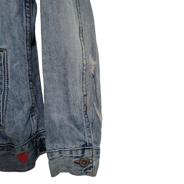 Lucky Brand The Tomboy Trucker Distressed Blue Jean Jacket Pockets Size Small