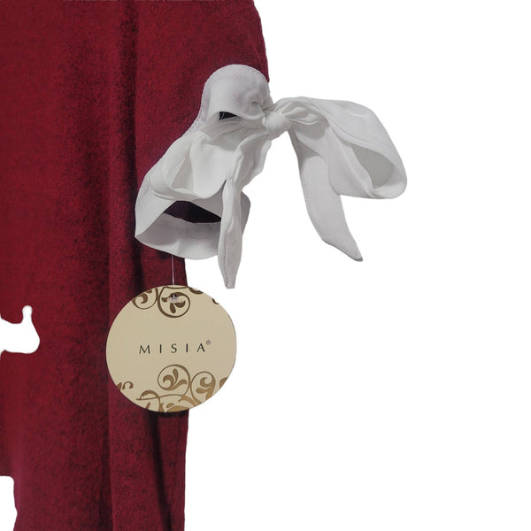 MISIA Burgundy Collared Rhinestones Keyhole Back Short Sleeve Tie Blouse Large