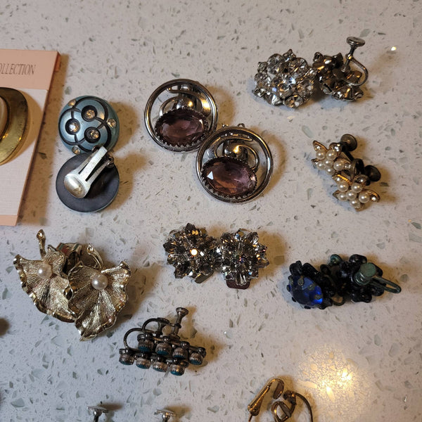 Vintage Costume Clip On Earrings Lot 26 Pairs 1 Necklace