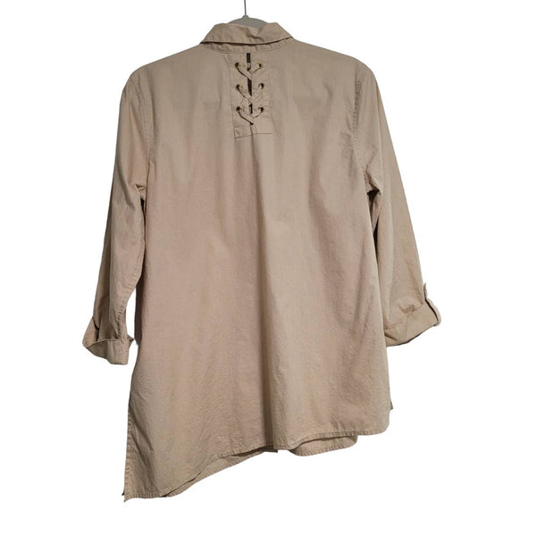 New Directions Tan 3/4 Sleeve Asymmetrical Tunic Collar Button Up Laced Medium