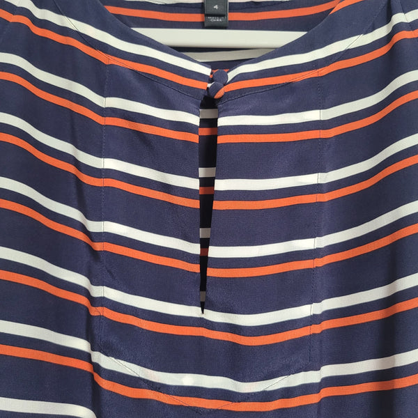 J. Crew Orange Blue White Stripe Short Sleeve Key Hole Front Silk Dress Size 4