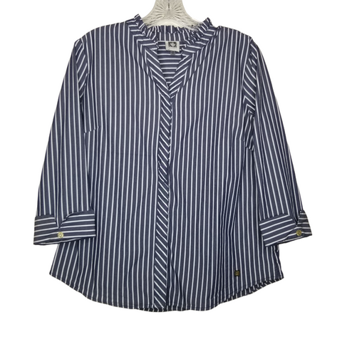 Anne Klein Blue White Vertical Stripe 3/4 Sleeve Button Up V-Neck Blouse Small