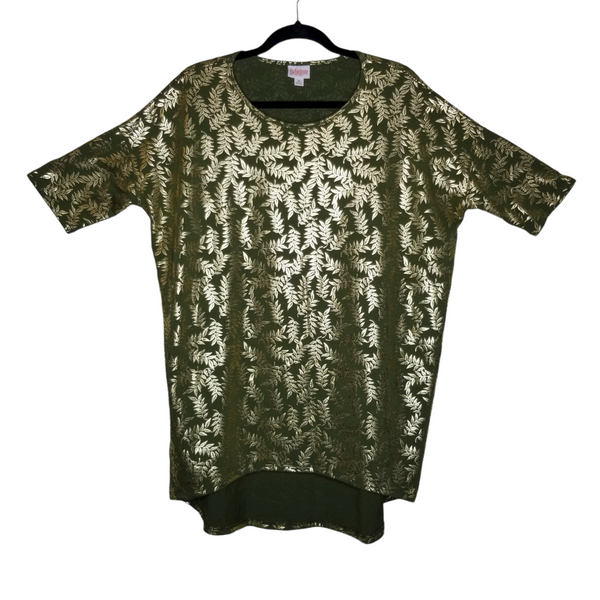 LulaRoe Green Gold Leaves Short Sleeve Tunic Top Size Medium
