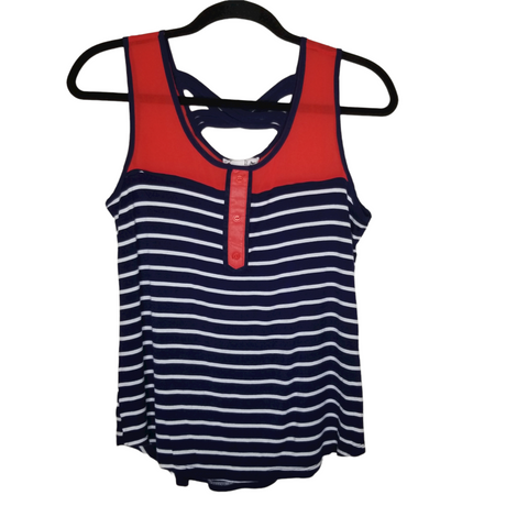 It Girl Blue Red White Stripe Sleeveless Blouse Criss Cross Back Size Small