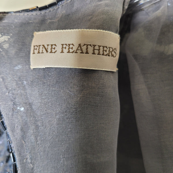 Fine Feathers Vintage Gray Sequence Flower Keyhole Back Long Sleeve Shoulder Pads Dress Size 12