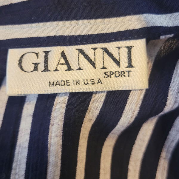 Gianni Sport Blue White Vertical Stripes Blouse Button Up Collar Long Sleeve 14