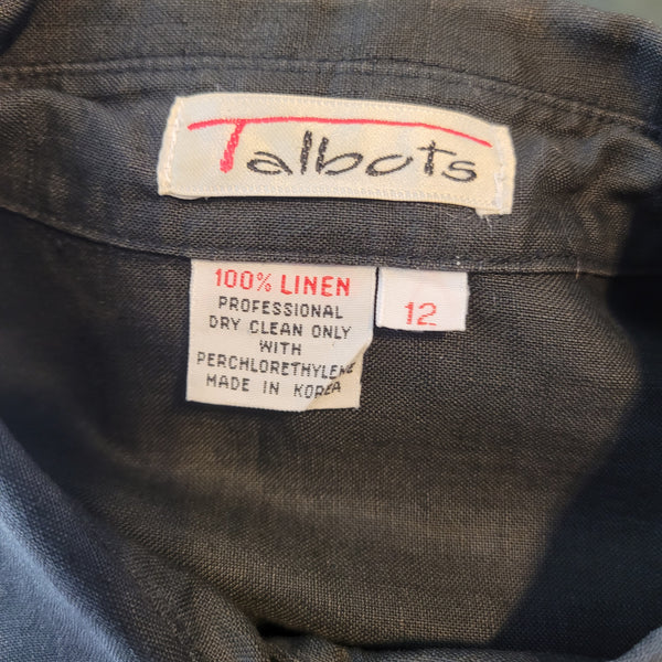 Talbots Dark Gray Pleated Button Up Collar Short Sleeve Shoulder Pads Blouse 12