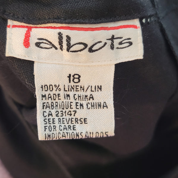Talbots Vintage Linen Black Short Sleeve Button Up Back Breast Pocket Blouse 18