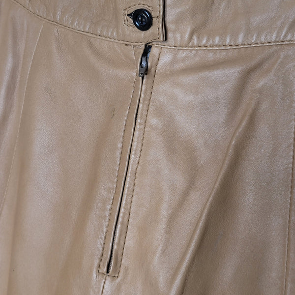 Vera Pelle Vintage Brown Tan Leather Skirt Pockets Zip Up Button Back Size 46 EU