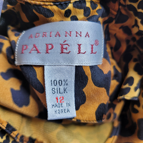 Adrianna Papell Vintage Women's Silk Leopard Print Mandarin Blouse Size 12