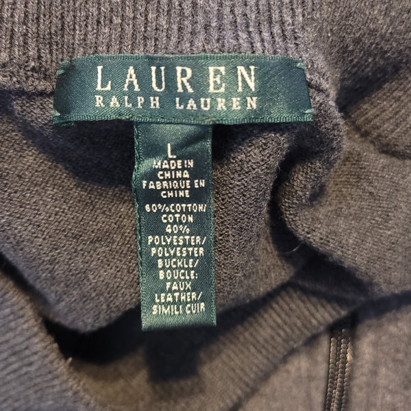 Lauren Ralph Lauren Charcoal Gray Long Sleeve Sweater Faux Leather Buckle Size L