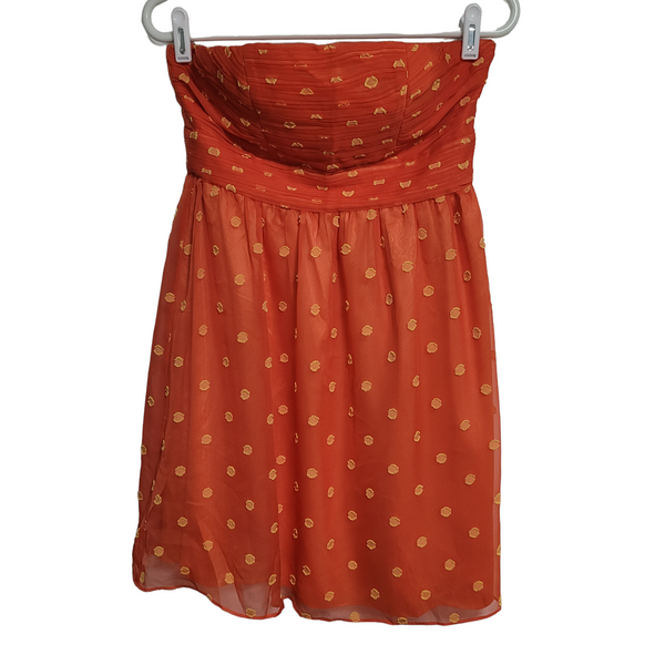 NWT Minuet Orange Yellow Polka Dot Sheer Strapless Lined Zip Dress Size Medium