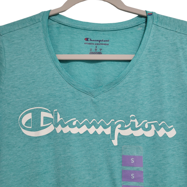 Champion Women's Teal Green White Spellout V-Neck Short Sleeve Size Small