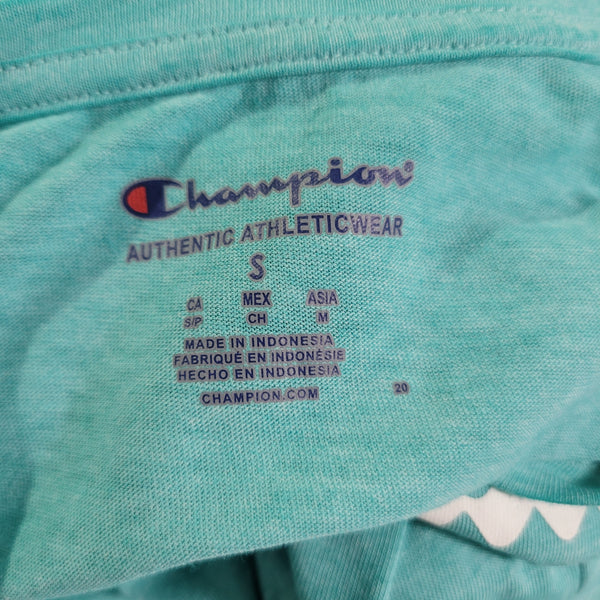 Champion Women's Teal Green White Spellout V-Neck Short Sleeve Size Small